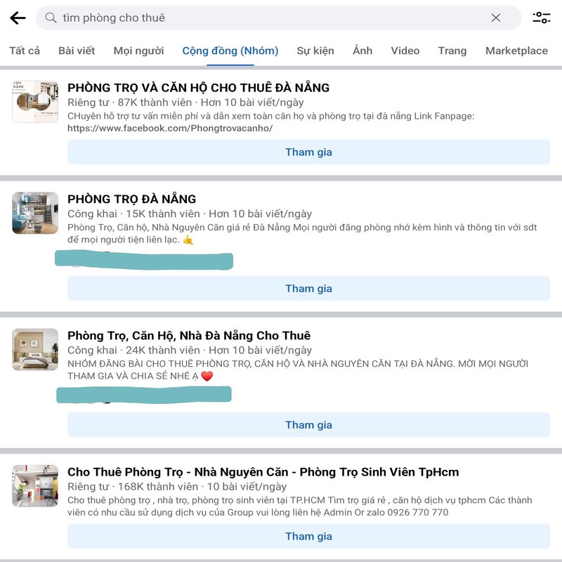 Tìm kiếm thông tin thuê phòng trên các group Facebook
