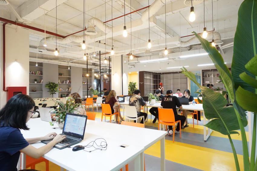 Thiết kế văn phòng mở sẽ giảm tối đa số lượng phòng kín, phòng làm việc riêng. Sử dụng vách ngăn bằng cây xanh giúp nhân viên dễ dàng nhìn thấy nhau, tăng thêm sự đoàn kết